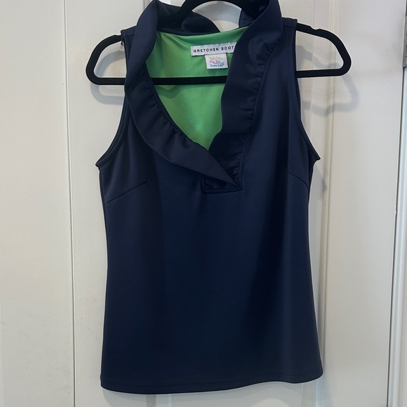 Gretchen Scott Designs Tops - Gretchen Scott Designs Navy and Green Ruffle Collar Blouse